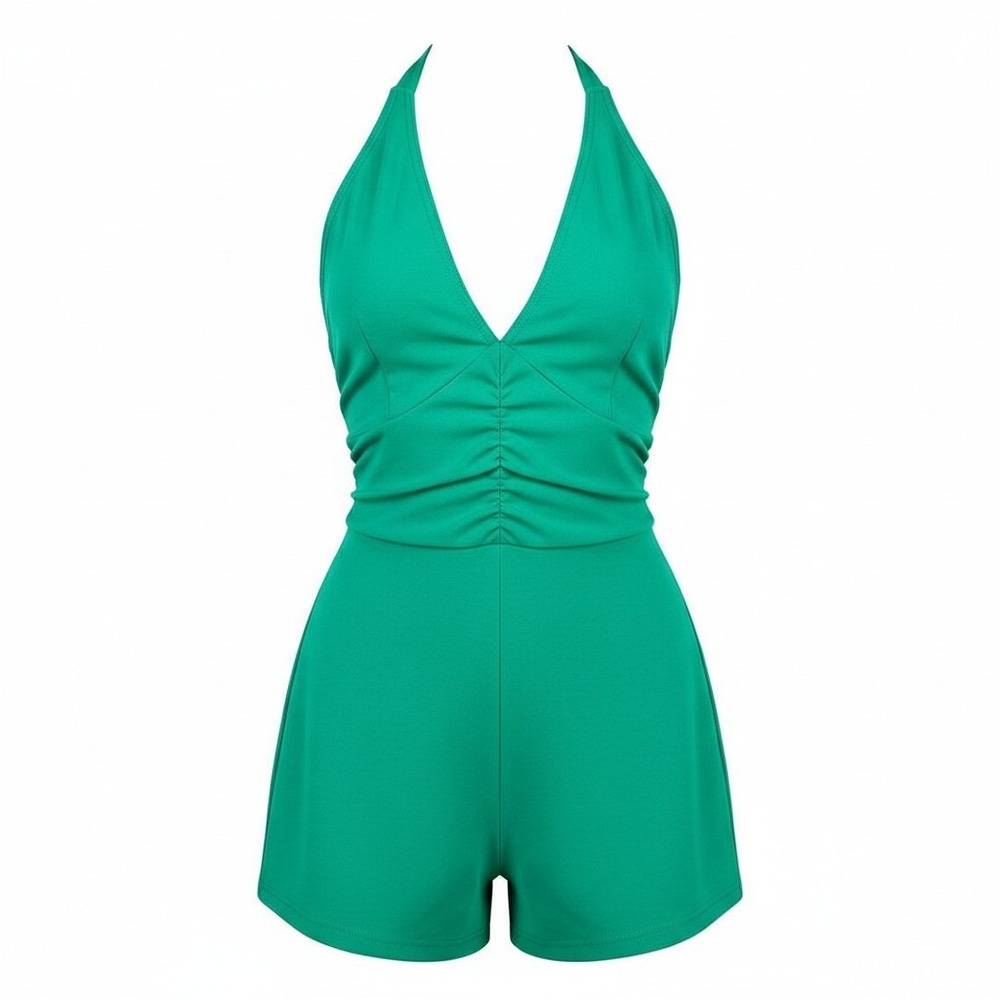 NWT Small Kelly‎ Green Ruched Halter Romper Bustier Corset Sleeveless Shorts